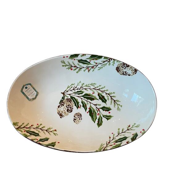 Papart Handpainted Turkish Serving Bowl 14x9 Ceramic Holiday Pinecone Holly NEW - Picture 12 of 15